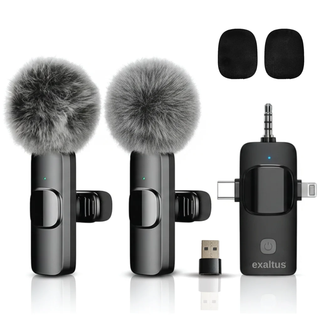 Set 2 Microfoane Lavaliera Profesionale, Exaltus®, Microfoane Wireless Lavaliera Cu USB-C, Lightning, Jack 3.5mm, Microfoane Reincarcabile 2.4 GHz Cu Reducere Zgomot, Compatibile Cu Telefon, DSLR, Laptop, iOS, Android, iPad, Interviuri Si Live, Portabile